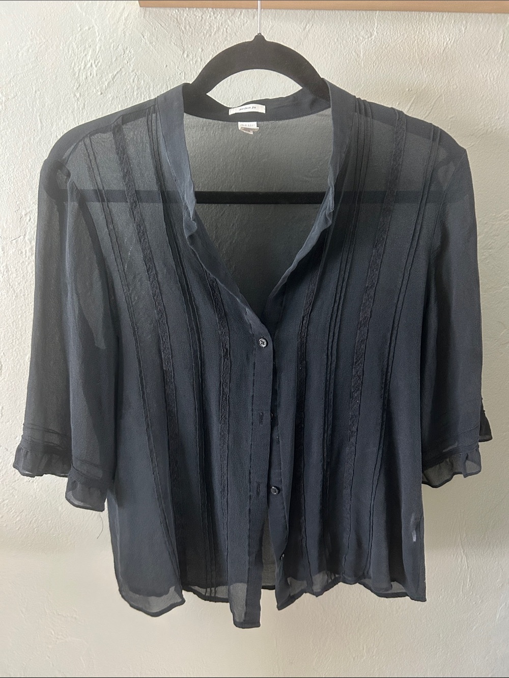 Old Navy Sheer Black Pintuck 3/4 sleeve Button-Down Blouse (Vintage)